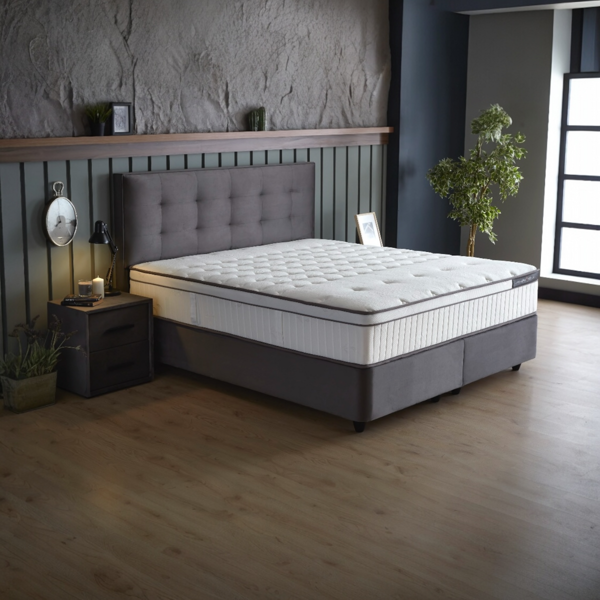 Modebed Opbergboxspring incl emma matras – Beige & Grijs