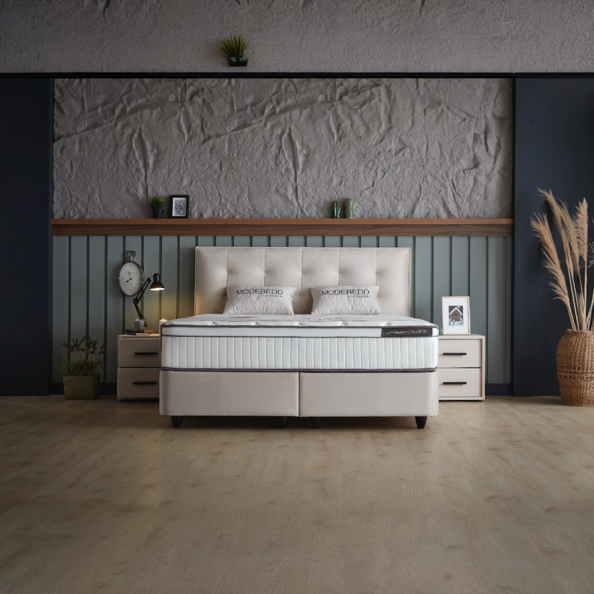 Modebed Opbergboxspring incl emma matras – Beige & Grijs